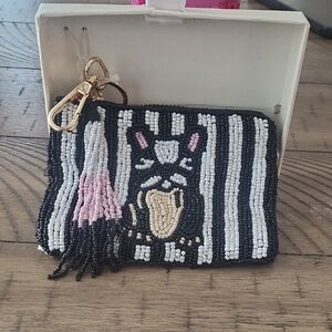 Striped Beaded dog coin purse - Black, White, Pink